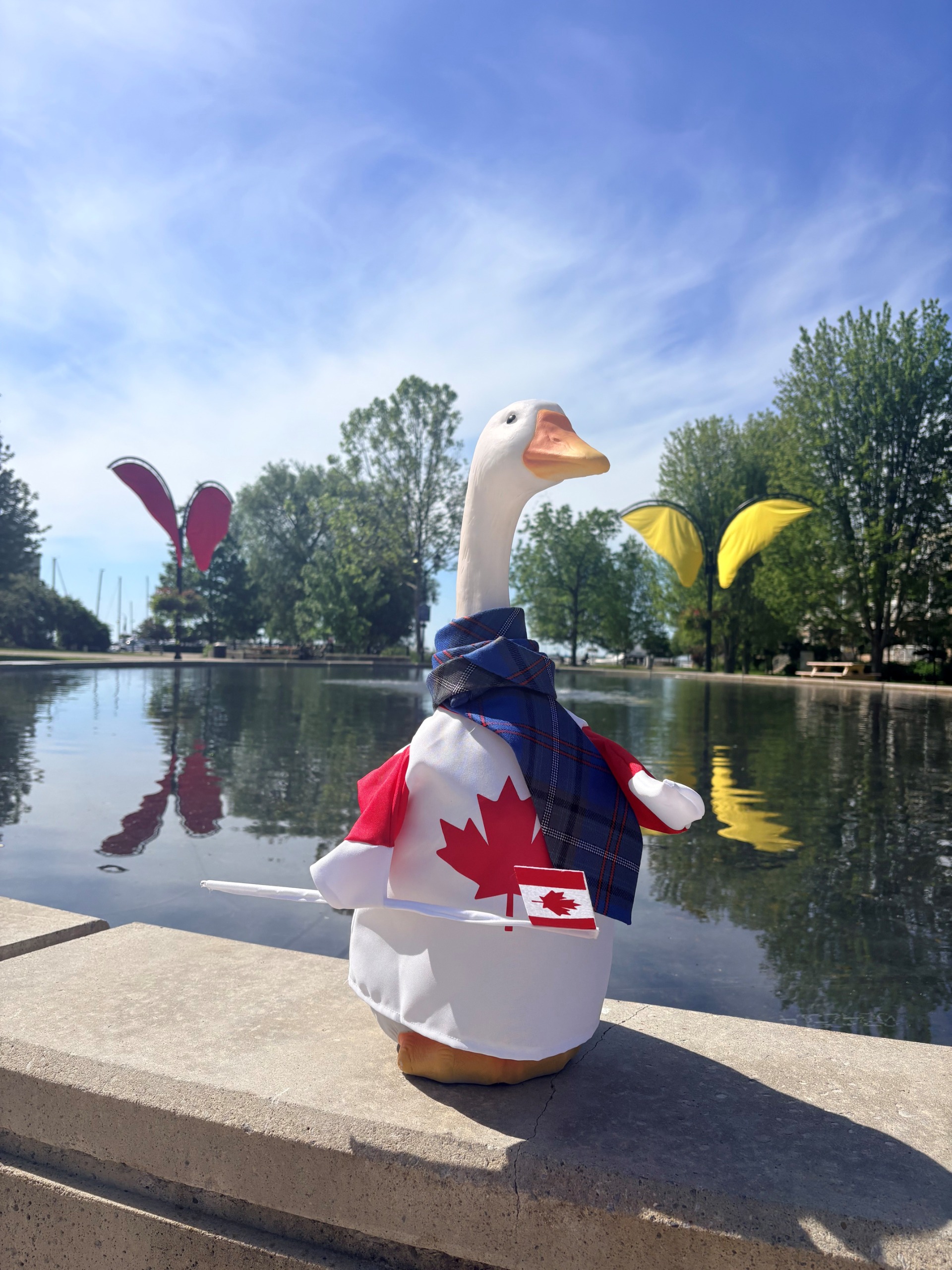 A white goose statue adorned with a tartan necktie and draped in a Canada flag. Behind it is a community fountain with trees and colourful flags.